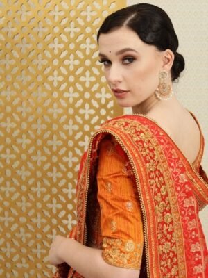 House of Pataudi Red & Gold-Toned Floral Sequinned Silk Blend Banarasi Saree