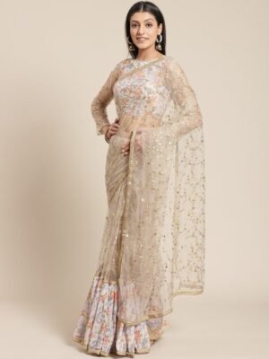 Inddus Grey & Golden Net Embroidered Ruffled Saree