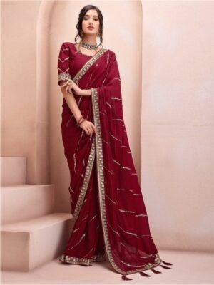 Inddus Maroon Embellished Sequinned Silk Blend Saree