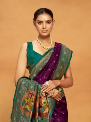 Kalini Silk Blend Woven Paithani Saree with Blouse Piece