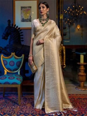 Mitera Cream-Coloured & Gold-Toned Ethnic Motifs Zari Silk Blend Kanjeevaram Saree