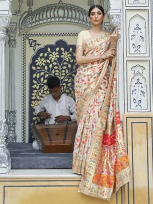 Mitera Cream-Coloured & Red Floral Silk Blend Saree