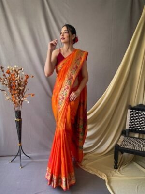 Mitera Orange & Green Ethnic Motif Woven Design Zari Paithani Saree