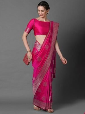 Mitera Pink & Silver-Toned Paisley Zari Silk Blend Banarasi Saree