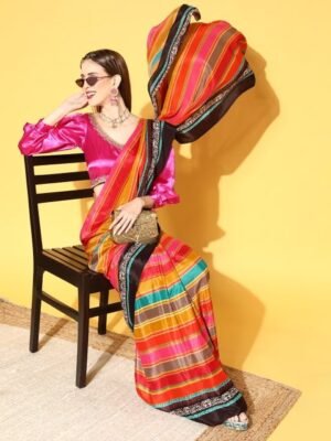 Rang Gali Red & Orange Striped Ready to Wear Bandhani Silk Saree