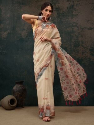 Silk Land Ethnic Motifs Printed Chanderi Saree