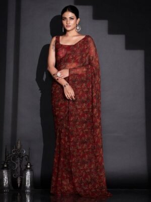 Tikhi Imli Red & Green Floral Printed Poly Georgette Ready To Wear Saree